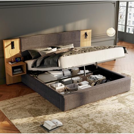 Cama con canapé 243,5x205x103 cm de terciopelo gris con 2 mesitas, USB y luz – MEUBLIV (1/5)