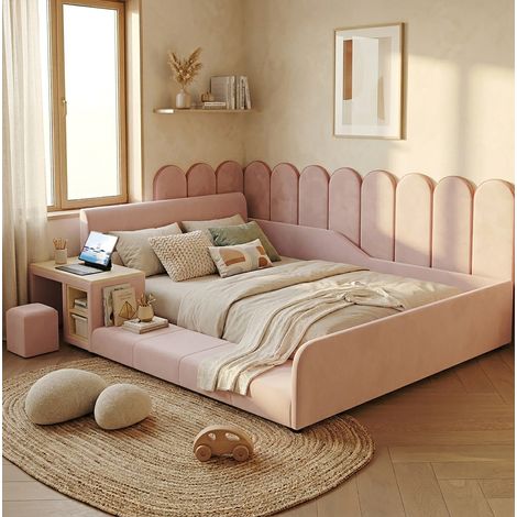 Letto matrimoniale imbottito 140x200 cm in velluto rosa, testiera capitonné, rete a doghe, set letto con scrivania, sgabello e ripiano contenitore (1/5)