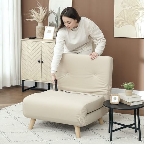 Fauteuil convertible en velours beige avec dossier réglable et coussins décoratifs, idéal salon ou chambre (1/5)