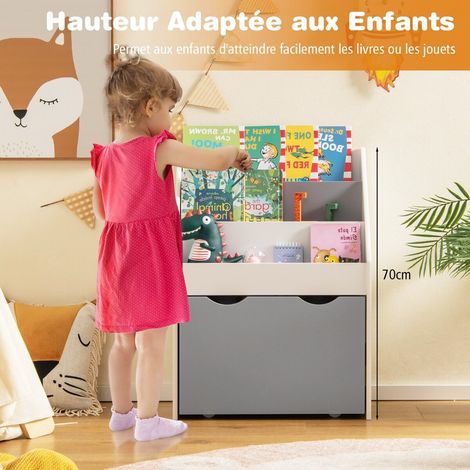 Bibliothèque enfant grise et blanche à 3 niveaux avec coffre à jouets à roulettes et système anti-basculement pour chambre et salle (1/5)