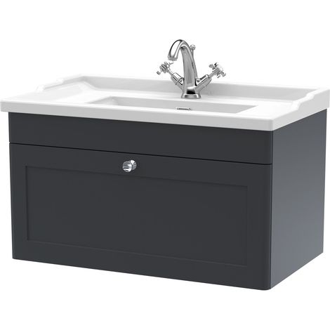 Nuie Classique Wall Hung 1-Drawer Vanity Unit with Traditional Basin 800mm Wide Satin Anthracite - 1 Tap Hole (1/5)