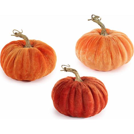 Zucche artificiali rifinite in velluto ideali per creare allestimenti e decorazioni autunnali o di Halloween, set da 3 pezzi, Ø 15 cm x 13 H