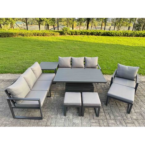 Fimous Garden Aluminium Furniture Set Dark Grey 10 Seater Outdoor Patio Adjustable Rising Lifting Dining Table with 3 Footstools Side Table Dark Grey (1/5)
