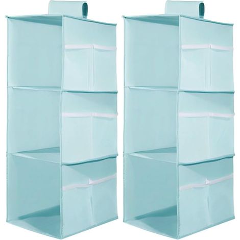 2 étagères penderie – 3 compartiments + poches latérales – tissu non tissé – bleu – pliable (1/5)