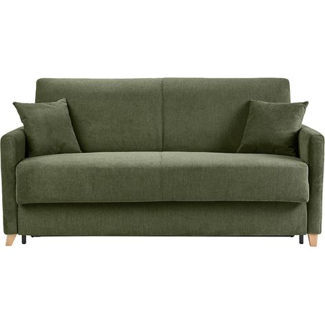 Canapé convertible 3 places en tissu chenille vert foncé et bois clair avec matelas 18 cm SKANDY (1/5)