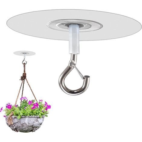Lot de 3 crochets de plafond autocollants avec sécurité sans perçage, crochets de plafond lourds, crochets adhésifs extra puissants pour pots de fleurs, crochets de plafond avec sécurité pour, (1/5)