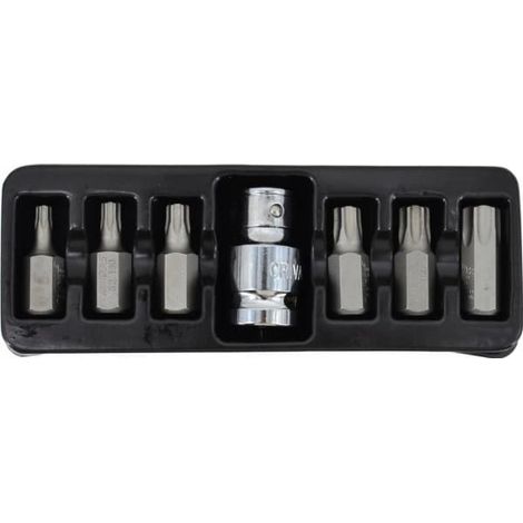 Set de Embouts Torx Awtools 7 pièces T25 - T55 + adaptateur avec trou Black Line, tool de haute qualité, ideal pour vis Torx, durable, robuste et polyvalent.