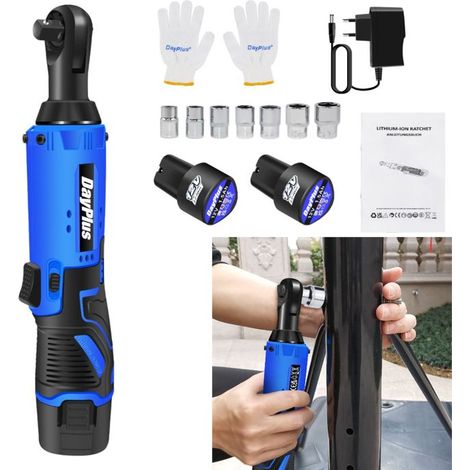 12V reversible electric ratchet wrench, non-slip handle, LED lighting, complete kit with case.