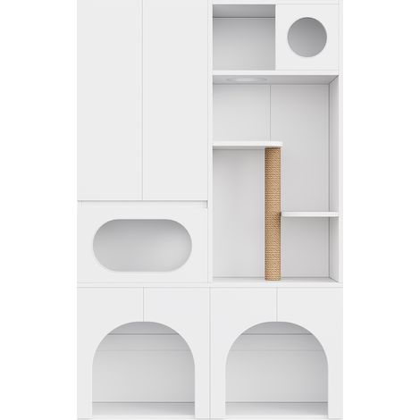 Mueble para areneros con rascador y zona de descanso 140 x 45 x 195 cm blanco MDF