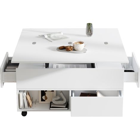 CHICFURN Table basse relevable 3 en 1 avec roulettes, 4 tiroirs et rangements ouverts, table de salon blanche 100x50x52 cm pour repas, télétravail et séjour (1/5)