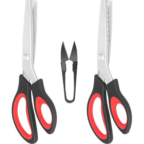 Lot de 3 Ciseaux Cranteurs (Dentelés et Festonnés) avec Coupe-fil Offert, Ciseaux Ergonomiques à Tissu "Zig-Zag" et "Vagues", Noir-Rouge