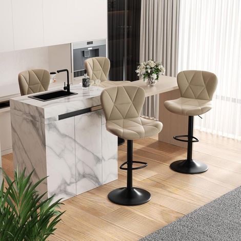 Lot de 4 tabourets de bar pivotants et réglables en hauteur, similicuir, couleur kaki (1/5)