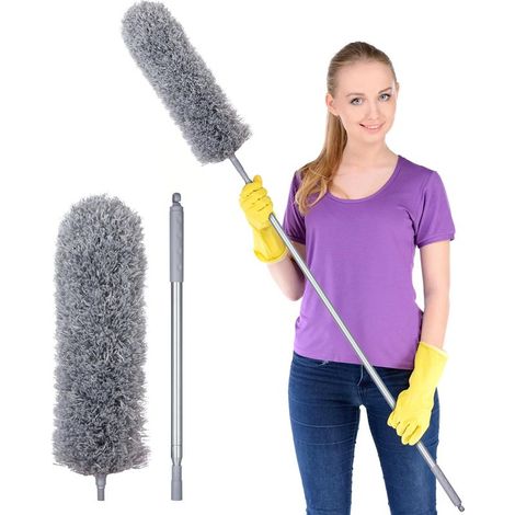 Plumeau télescopique Lavable, en Microfibre et Acier Inoxydable, Tige télescopique et Balai d'angle Flexible, Lavable, plumeau Long Extensible Extra Long jusqu'à 254 cm, pour couvertures Toiles (1/5)