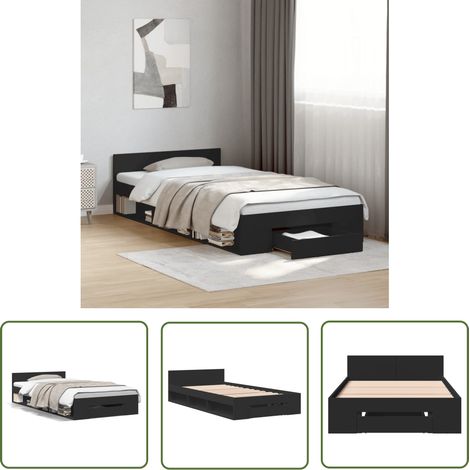 The Living Store Cadre de lit avec tiroir sans matelas noir 90x190 cm - Cadre De Lit - Lit Double - Meuble Chambre - Rangement Sous Lit - Design Moderne (1/5)