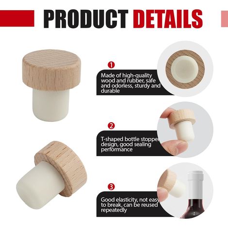 16 pezzi Tappi a T in legno per bottiglie di vino e birra, Tappo a T, Tappi per vino a T, Tappi in sughero a T per bottiglie di vino, Resistenti ed eleganti (1/4)