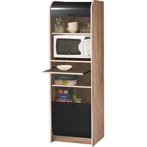 Les Tendances – Colonne de cuisine en bois clair et noir – Dimensions L 58 x H 181 x P 47 cm – 2 tablettes fixes et 1 réglable – Éco-conçu, fabriqué en France (1/3)