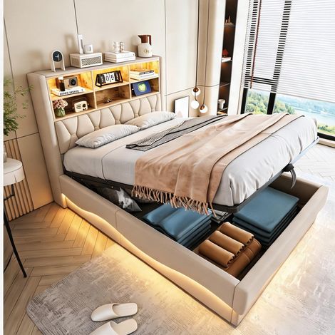 Cadre de lit beige en fer 221 x 143 x 131 cm (1/5)