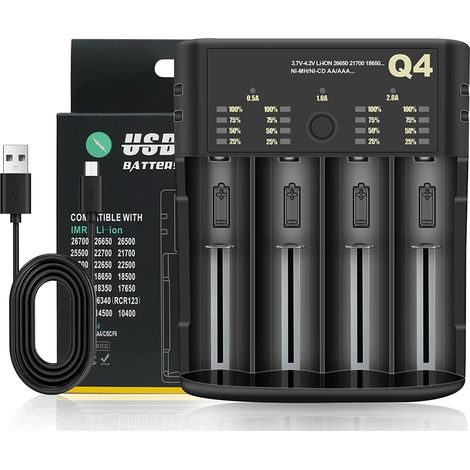 Chargeur de Batterie 18650 Rapide 4Emplacements,Chargeur Universel pour Accu Li-ion3.6V 10440 16340 18650 18700 20700 21700 22650 et Ni-MH AAA AA, avec Affichage LCD et Protection Multiple (1/5)