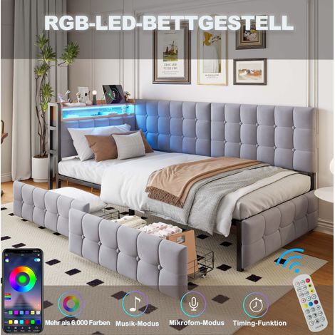 MODFU – Sofá cama infantil 90x200 cm de tela con LED multicolor, USB-C, 2 cajones y estructura de metal con 12 lamas – Gris (1/5)