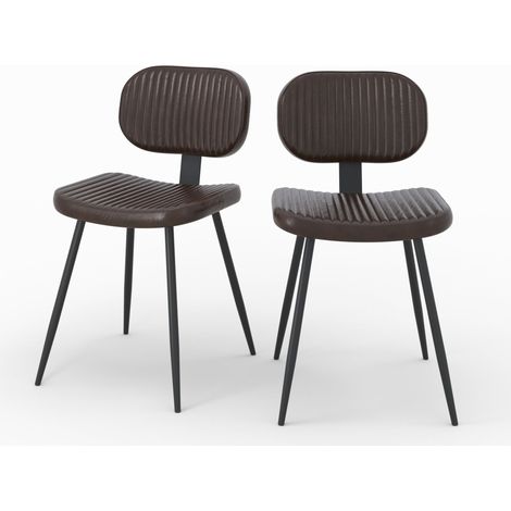 Set de 2 sillas en cuero marrón con patas de metal negro - Clovis