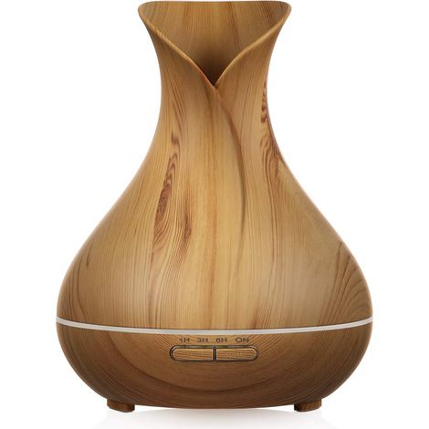 MINKUROW Aroma Diffuser 400 ml, Ultraschall-Luftbefeuchter im Holzvasen-Stil mit 7 LED-Farben für Schönheitssalon, Spa, Yoga, Schlafzimmer, Wohnzimmer, Konferenzraum – helle Holzmaserung (1/5)