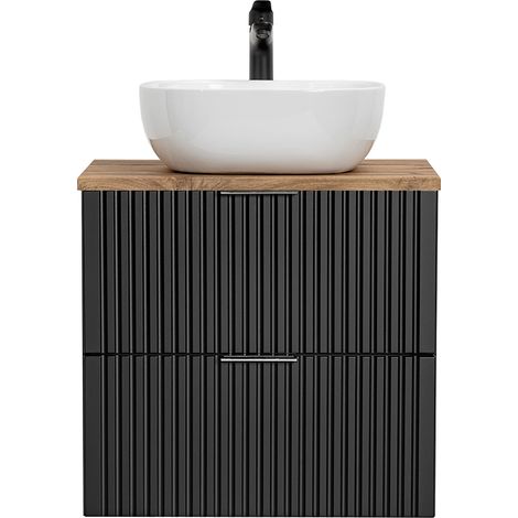Badmöbel Waschtisch Set Unterschrank ADELAIDE-56-BLACK matt schwarz gerillt mit Wotan Eiche Nb., 42cm Keramik-Waschbecken, 2 Softclose-Schubkästen, B/H/T 60,6/73,7/46,5 cm (1/5)
