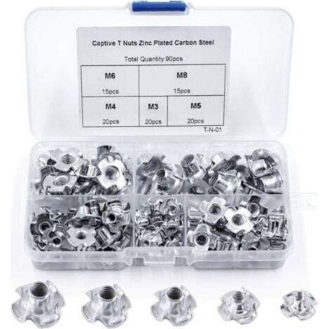 90 écrous en T, 4 griffes, acier au carbone, M3/M4/M5/M6/M8, pour le travail du bois, insert en acier au carbone (1/4)