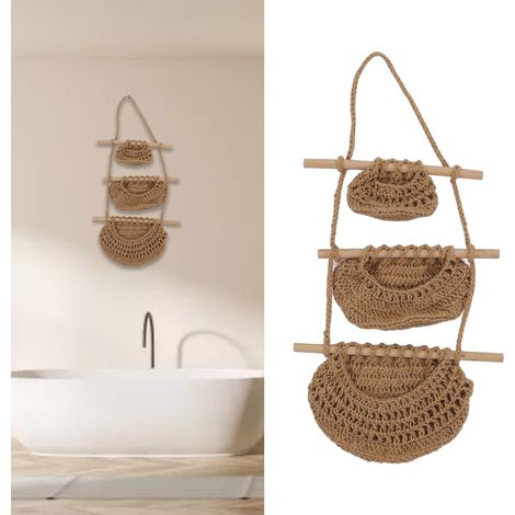 Cesta colgante de tres niveles para pared, hecha de cuerda de cáñamo y madera, para almacenamiento y decoración – caja de frutas, 379 g, ecológica, producto artesanal. (1/5)