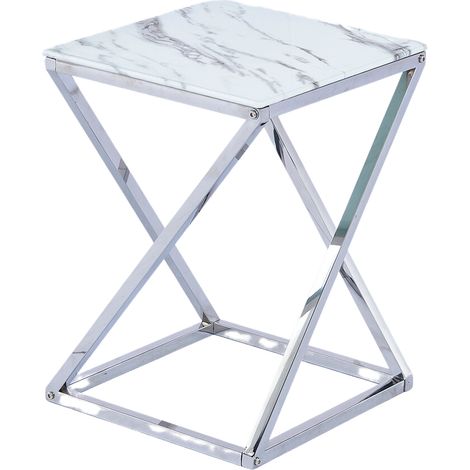 Guéridon BEVERLY – Chrome & Verre marbre blanc– 40x40x55 cm (1/5)