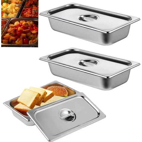 Lot de 3 RéCipients Bac Inox Alimentaire Avec Couvercle, Bac Gastro Inox gn 1/3 Avec couvercle, 32,6 x 17,8 x 6,5 CM (1/5)