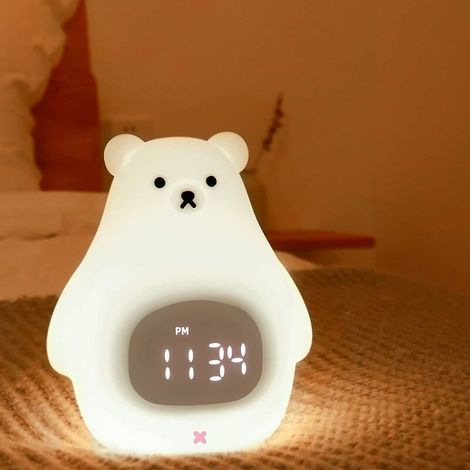 Bären-Nachtlichtuhr, süßer Kinderwecker, BPA-freies, weiches Silikon, tragbare Kinderzimmerlampe, wiederaufladbares USB-Nachtlicht für Kinder, Mädchen, Jungen, Kleinkinder, Geburtstagsgeschenke (1/5)