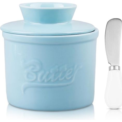 QUBeurrier français avec couvercle - beurrier en céramique, boîte de conservation du beurre, boîte en porcelaine pour beurre aromatisé frais, couleur cyan. (1/5)