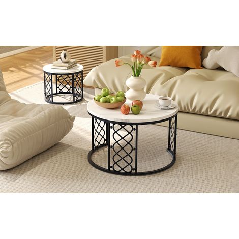Set di 2 tavolini rotondi nidificabili effetto marmo, in MDF con gambe in metallo, design moderno, bianco e nero (1/4)