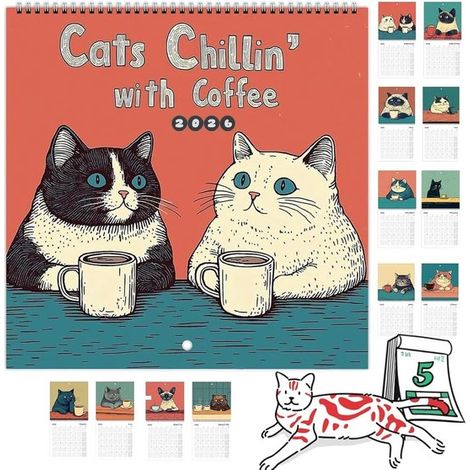 Kalender Katzenkalender 2026 Wandkalender „Katzencafé“ 12 Monats Kalender mit Katzenmotiven Lustiger Katzen Wandkalender 2026, Neujahrs und Weihn (1/5)