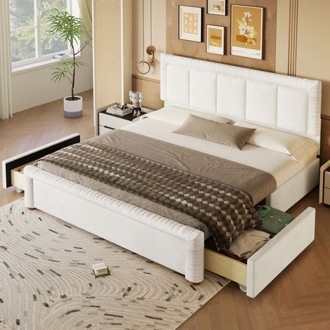 Letto matrimoniale 180x200 cm in velluto beige con 2 cassetti modulari - CHICFURN (1/5)