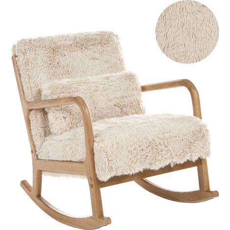 Rocking Chair Light Beige Faux Fur Wooden Legs with Armrests and Cushion Classic Traditional Living Room SKOVDE (1/5)