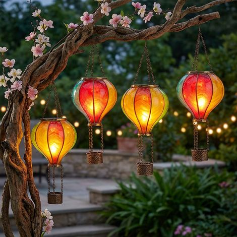 Solarleuchte Hängelampe Solar Deko Heißluftballon mit Flammeneffekt Außen LED Gartenleuchte mehrfarbig, Kunststoff, LED warmweiß,ØxH 14x47cm, 4er Set