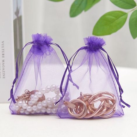 50 sacchetti in organza con coulisse, ideali per confezionare gioielli, spezie, dolciumi, ecc., decorazioni per feste, 10 x 15 cm, colore viola. (1/5)