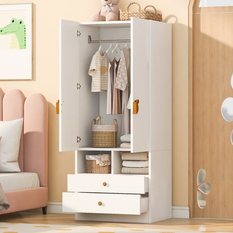 DESMIU Armoire 2 portes avec 2 tiroirs et niches de rangement pour chambre et dressing, blanc, 70 × 50 × 170 cm (1/4)