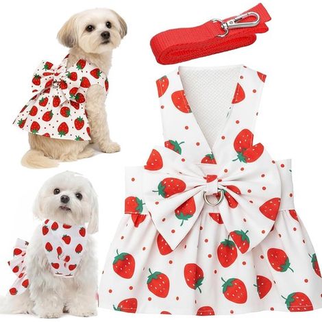 Ensemble de 2 robes mignonnes pour chien - Robes d'été pour chien - Avec ceinture - Motif fraise rouge - Avec nœud - Douces et respirantes - Vêtements d'été pour animaux - Vêtements pour animaux - Vêt (1/5)