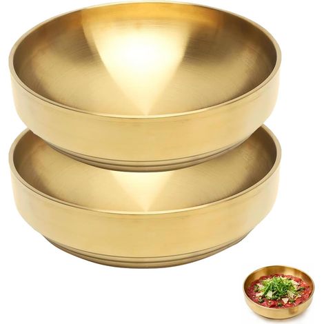 Lot de 2 saladiers en acier inoxydable à double paroi - 1700 ml - Isolation thermique et empilables - Grands bols de service pour salade, soupe et cuisine - Doré (1/5)