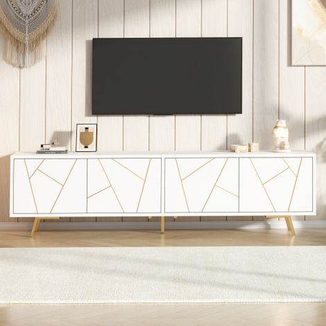Meuble TV de salon (Modèle à quatre portes) : Doté d'un design bas reposant sur cinq pieds métalliques, ce meuble est adapté aux téléviseurs d'une diagonale d'écran d'environ 85 pouces.