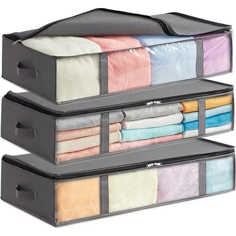 Sacs de Rangement sous Lit, Boite Rangement Vetement Pliable, Housse Rangement Couette, Organisateur Placard avec Fenêtre Transparente pour Serviettes, Couvertures, Gris, 90 L (1/5)