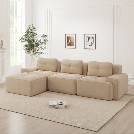 Canapé con méridienne modulare in tessuto a coste beige, senza montaggio, seduta profonda 74 cm (1/5)