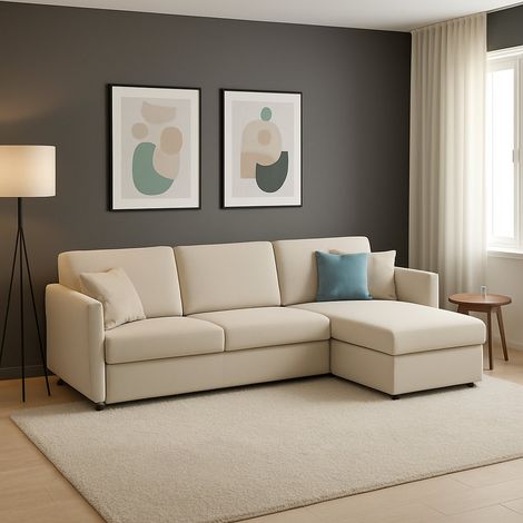 Sofá Fijo con Chaise Longue Posina, Desenfundable, Reversible Made in Italy, Hidrófugo Multiposición, 260x160 cm Beige (1/5)