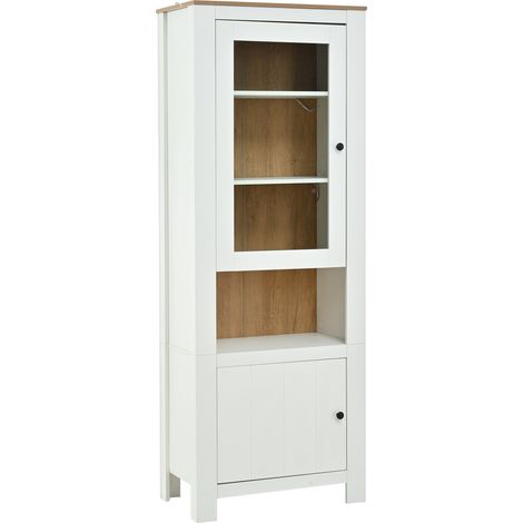 Hochschrank 70x40x188 cm avec portes en verre et bois, étagères réglables, LED intégré, blanc et bois naturel (1/5)