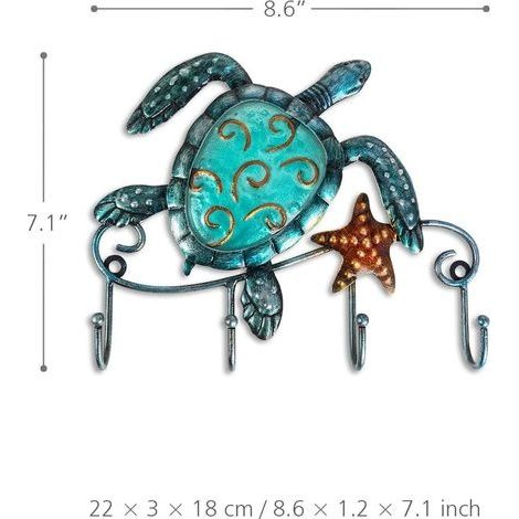 Türhaken mit Schildkrötenmotiv, Schlüsselhaken aus Eisen, Dekohaken, Kleiderhaken mit 4 Haken, Wanddekoration aus blauem Metall (1/4)
