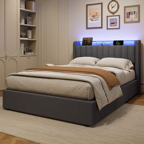 Lit 2 places 140x190 cm, velours gris foncé, rangement caché, port USB, éclairage LED, cadre métallique renforcé (1/5)