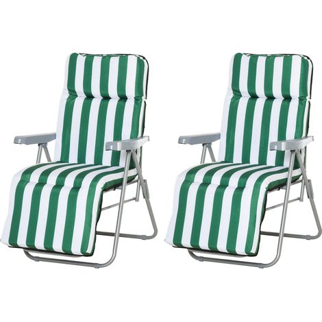 Chaises longues de jardin, lot de 2, pliables avec coussins, 60 x 75 x 102 cm, acier, vert et blanc (1/5)