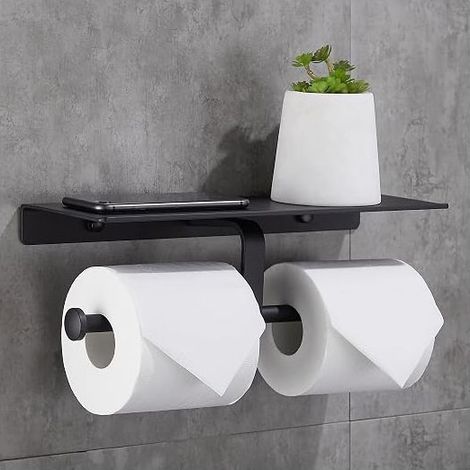 Porte-Rouleau Papier Toilette Mural Sans Perçage avec Étagère Téléphone, Double Support Salle de Bain Noir (1/5)